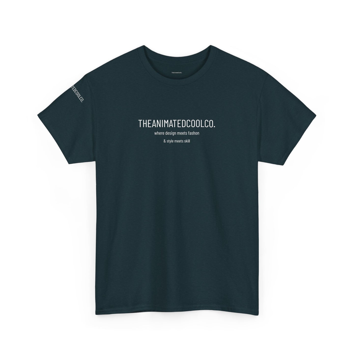 Dark teal crewneck t-shirtL CO. where design meets fashion & st featuring the text 'THE ANIMATED COOyle meets skill'.