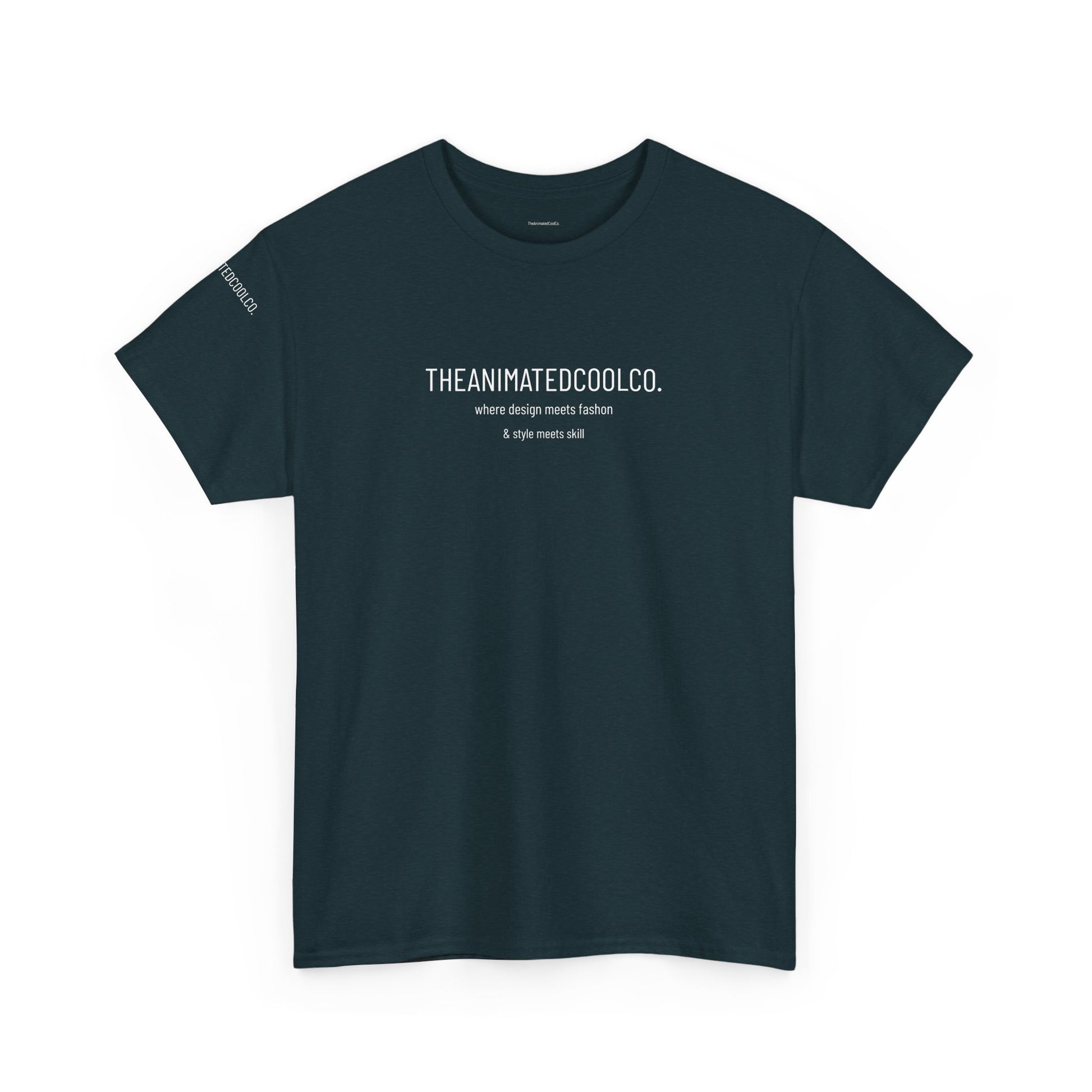 Dark teal crewneck t-shirtL CO. where design meets fashion & st featuring the text 'THE ANIMATED COOyle meets skill'.